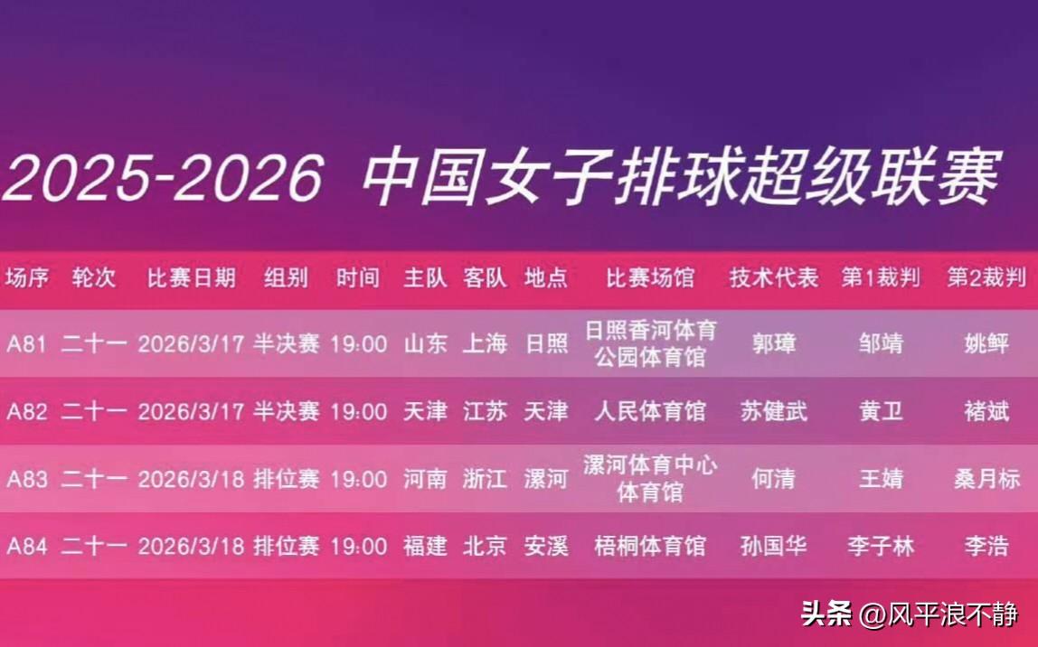 女排联赛半决赛（第一场）赛程预告!
3月17日     星期二
半决赛
19∶0