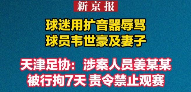 没想到骂韦世豪的天津球迷被行政拘留了7天！
这是净化赛场文明，也是净化球员的一大