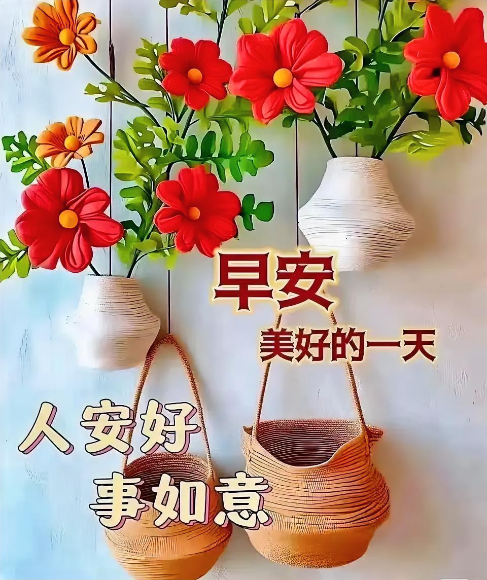 晨光轻唤，红花朵朵摇曳。花篮微动，寓意着生活安稳、诸事顺遂。早安！愿你今日也能被