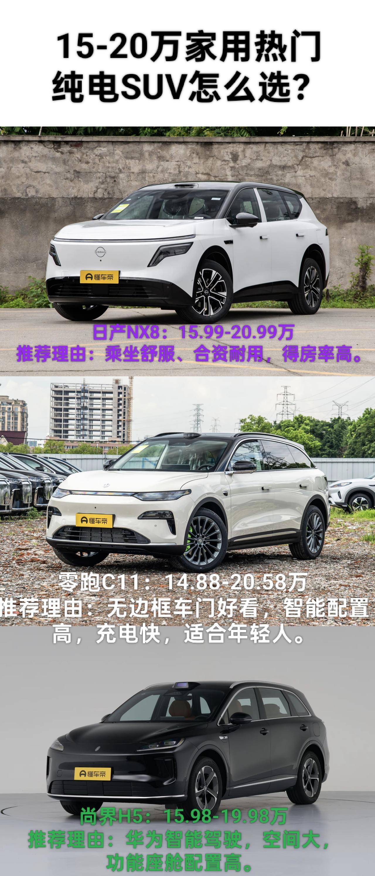 我选了三台热门家用纯电SUV，各有各的主打亮点，简单唠唠选谁更靠谱。
日产NX8
