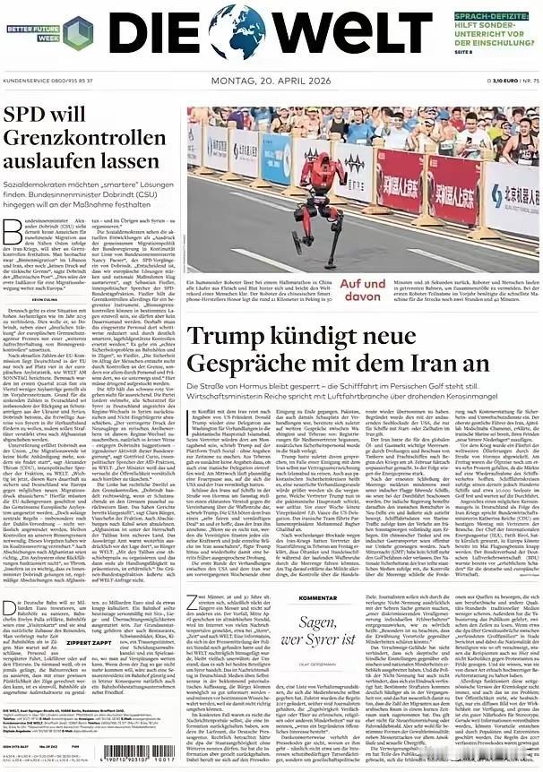 德国《世界报》头版头条展示了，亦庄机器人马拉松冠军的照片。
这家报纸成立于194