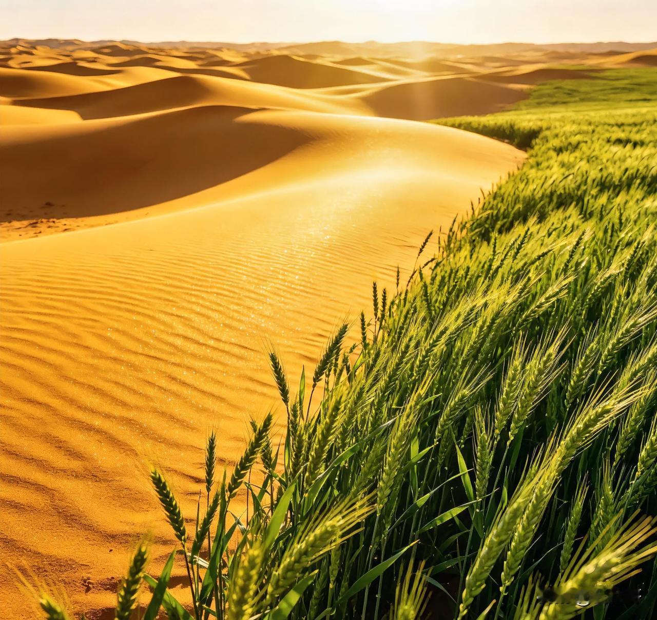 大漠苍茫，黄沙漫卷；田畴葱郁，麦浪翻波。过去短短一两年内，这里彻底改写了干旱与荒