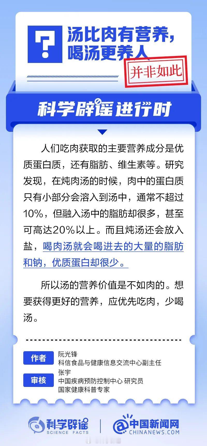 科学辟谣进行时  【汤比肉有营养，喝汤更养人？并非如此】研究发现，在炖肉汤的时候