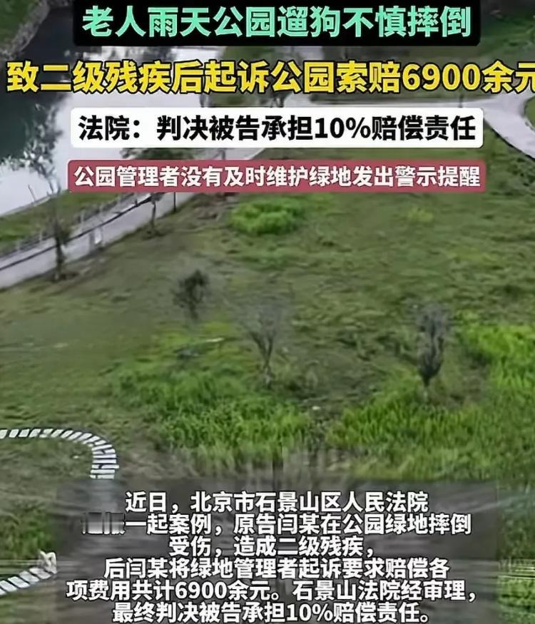 北京，一场雨后，闫大爷像往常去公园遛狗，为抄近路踏入绿地，结果地面湿滑，大爷直接