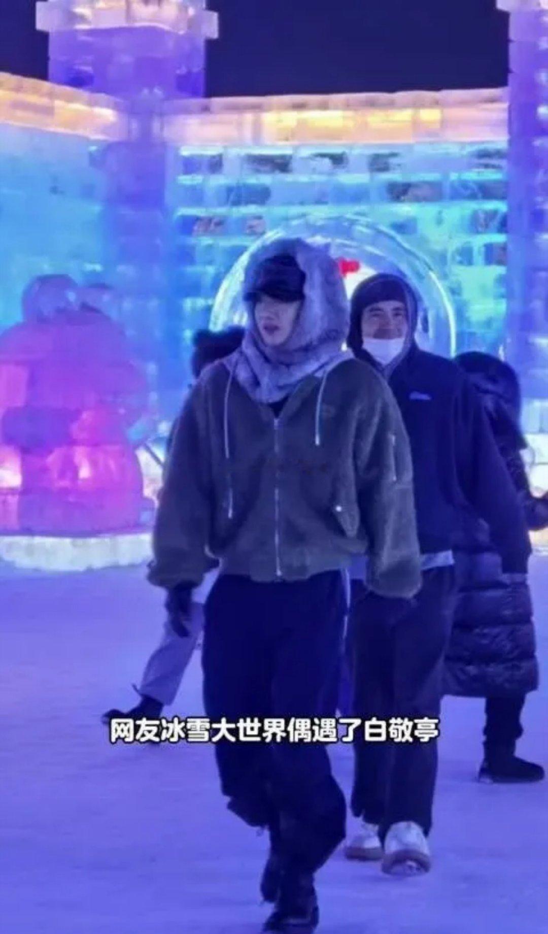 网友冰雪大世界偶遇白敬亭，只见白敬亭全副武装包裹严实，在人群中特别显眼。体验小滑