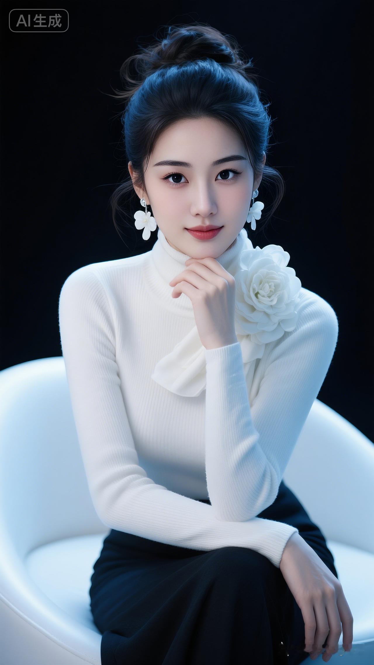 女子容貌秀丽，高盘发微乱带发丝柔光，白花耳坠雅致。着高档白色高领毛衫，上围丰腴，