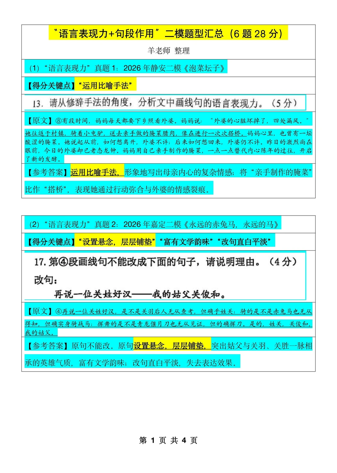 二模28分重要题型“语言表现力➕句段作用”