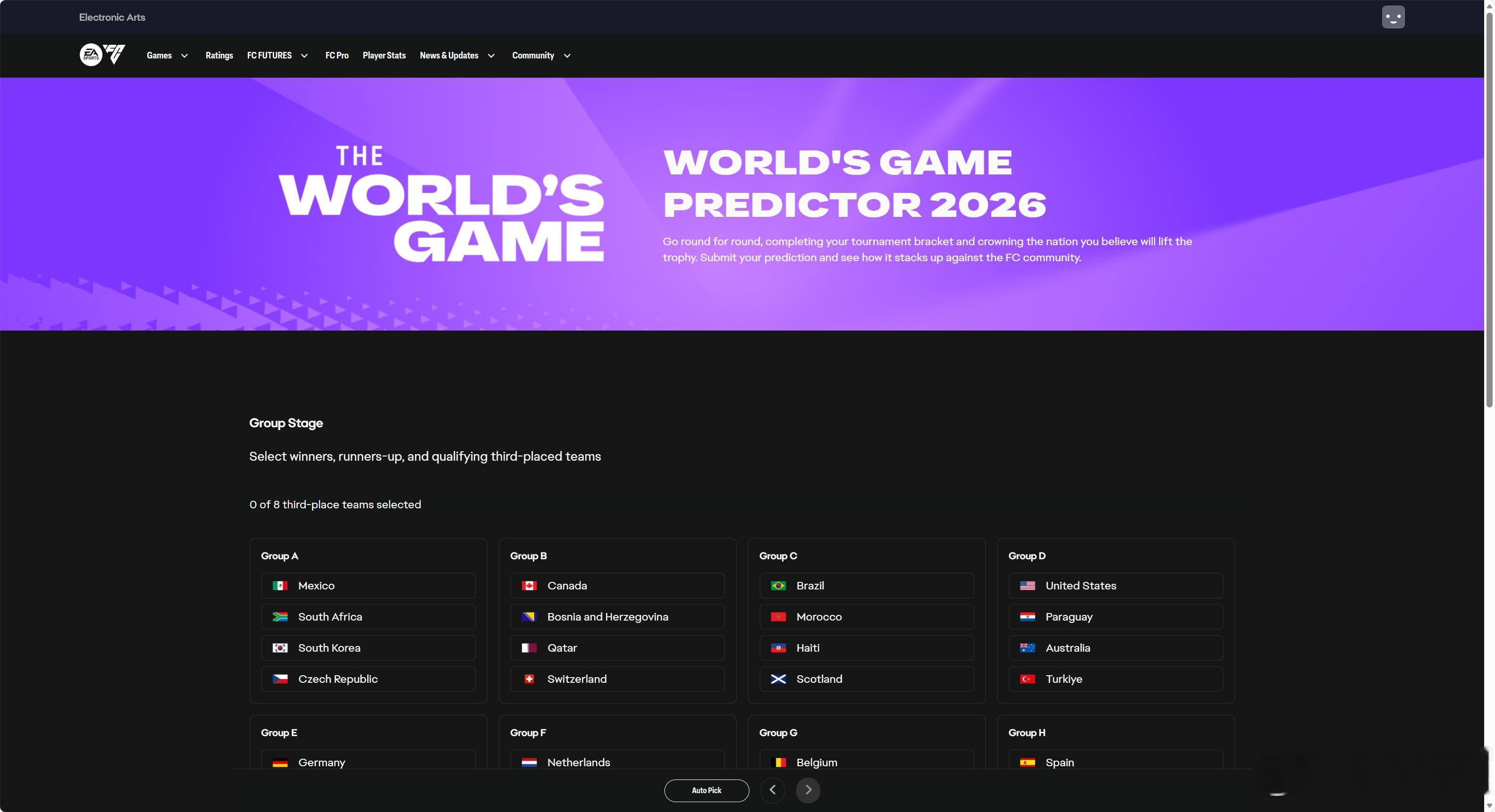 EA SPORTS推出了世界杯比赛结果预测网站，玩家可以页面上提交预测出线和晋级