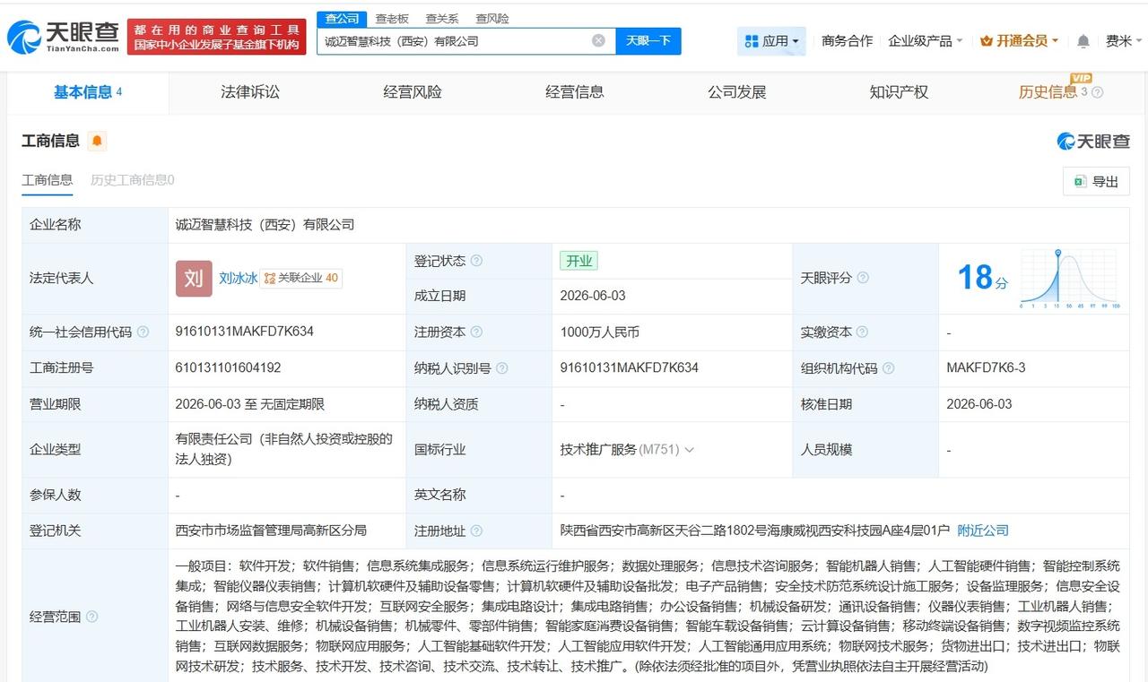 诚迈科技在西安成立智慧科技公司 注册资本1000万
天眼查App显示，近日，诚迈
