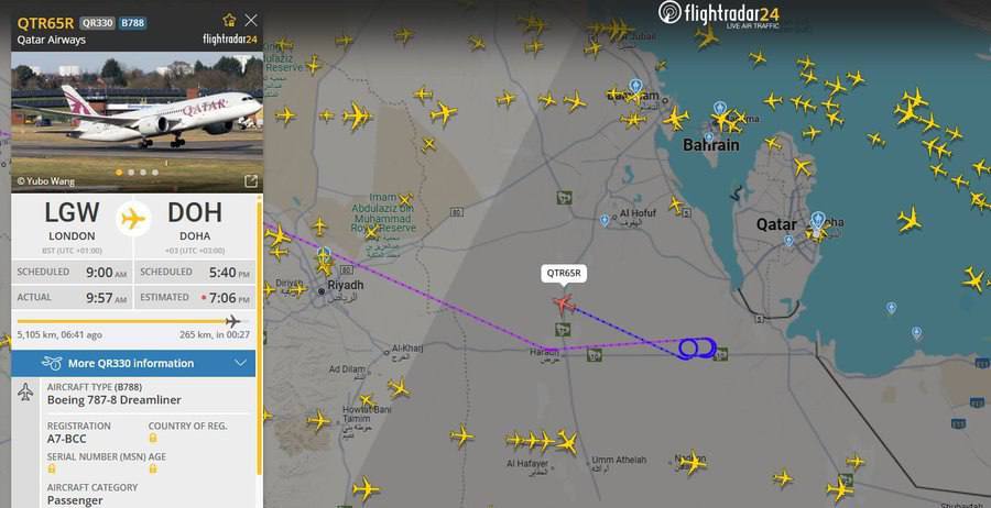 突发新闻：卡塔尔航空 QR330 航班从伦敦起飞，在进入卡塔尔前掉头返航，其他飞