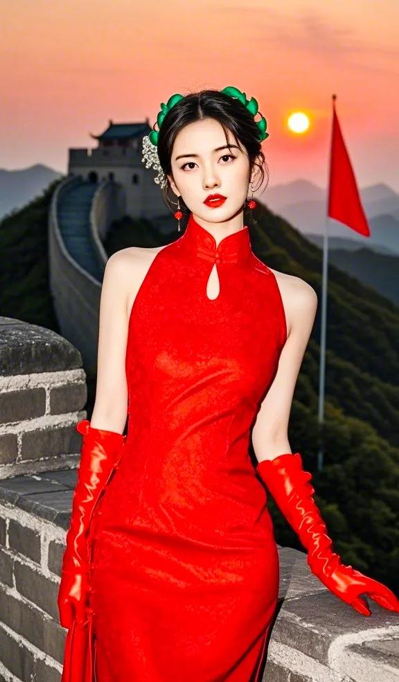 旭日东升照九州，
红裳美女长城游。
长城脚下展风华，
？？？？？？？
诚邀才友续