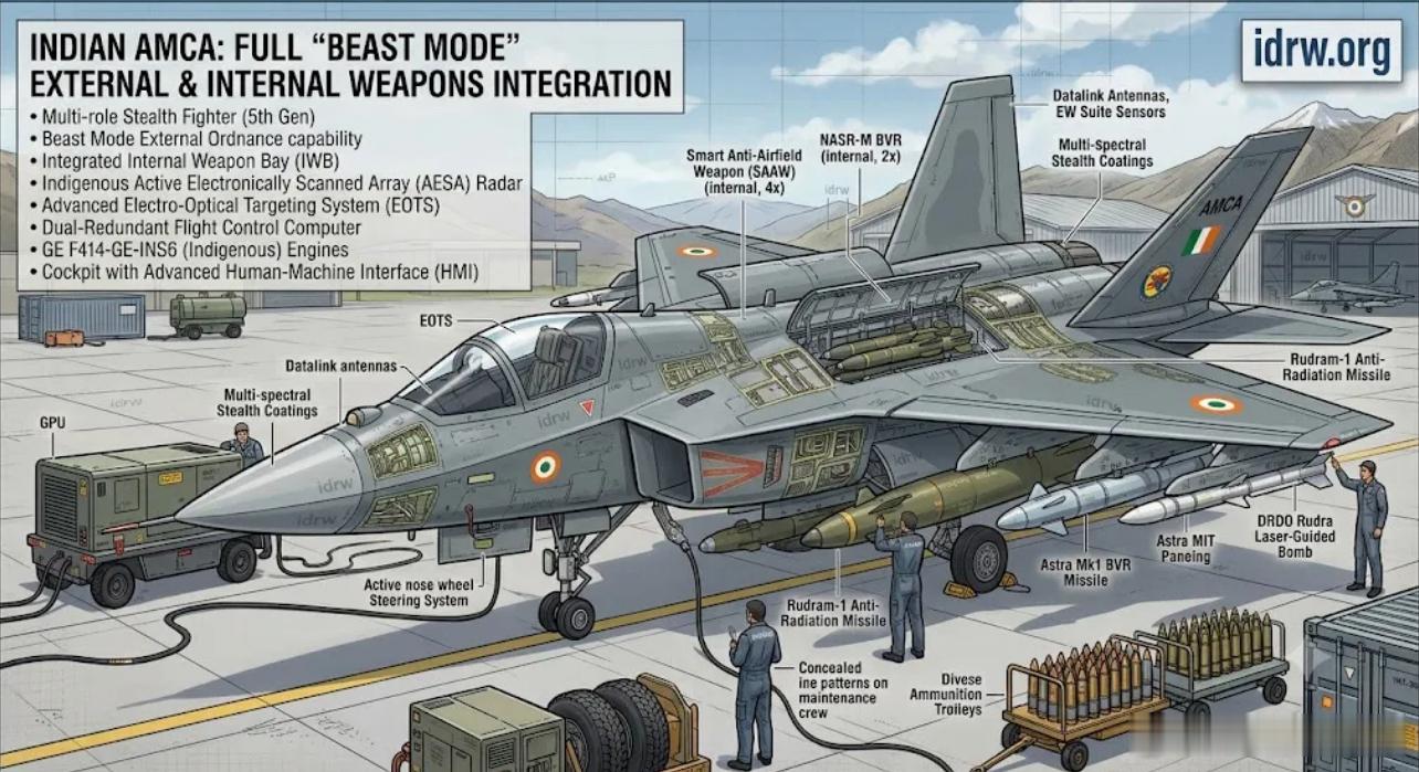 印度五代机将采用F-35野兽模式，内挂1.5吨外挂7吨，14个挂点全满2026年