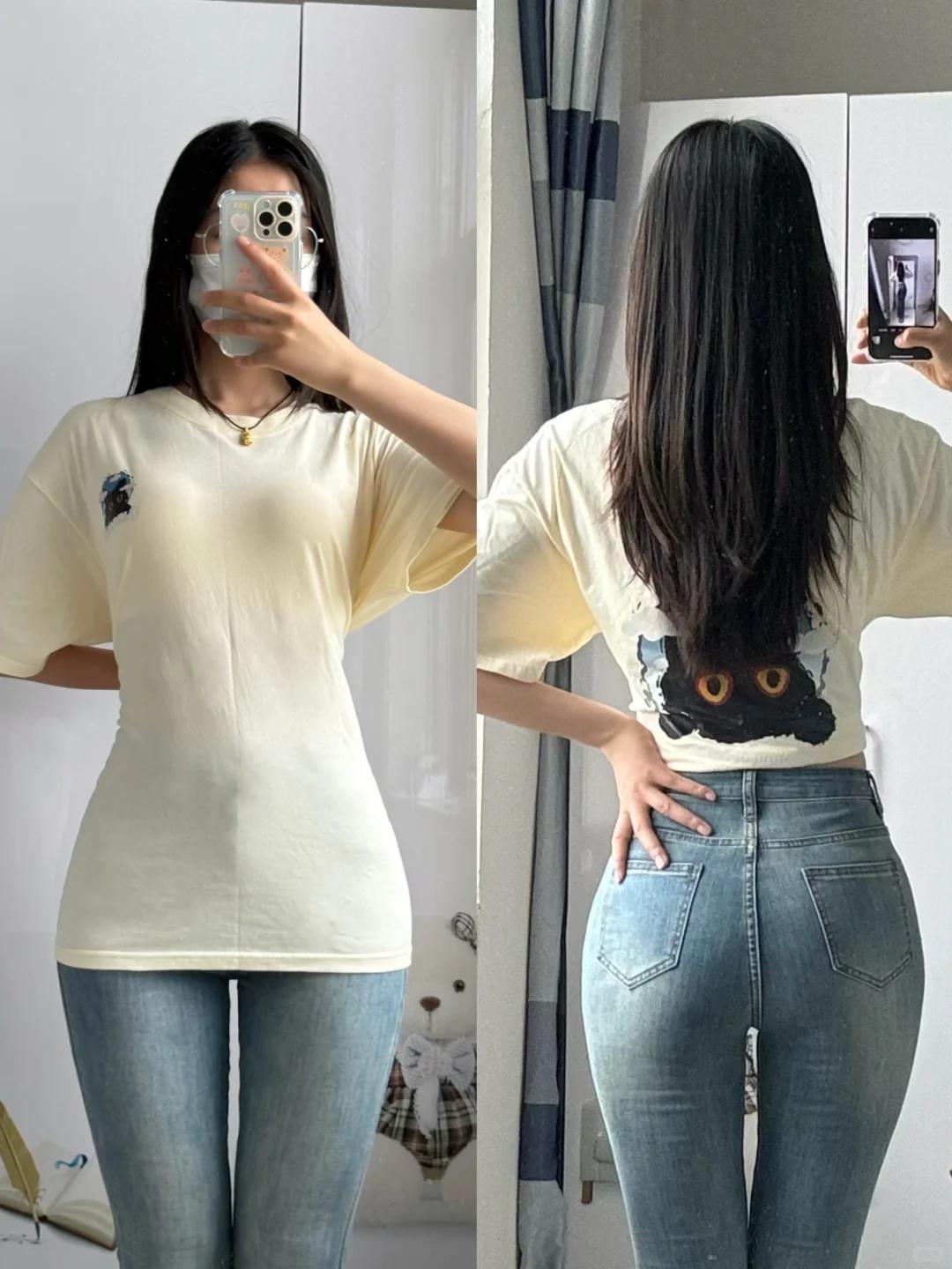 #夏日生活打卡季#🍐梨形身材的宝藏搭配！黄色T恤遇上紧身牛仔裤，显瘦又时髦。
