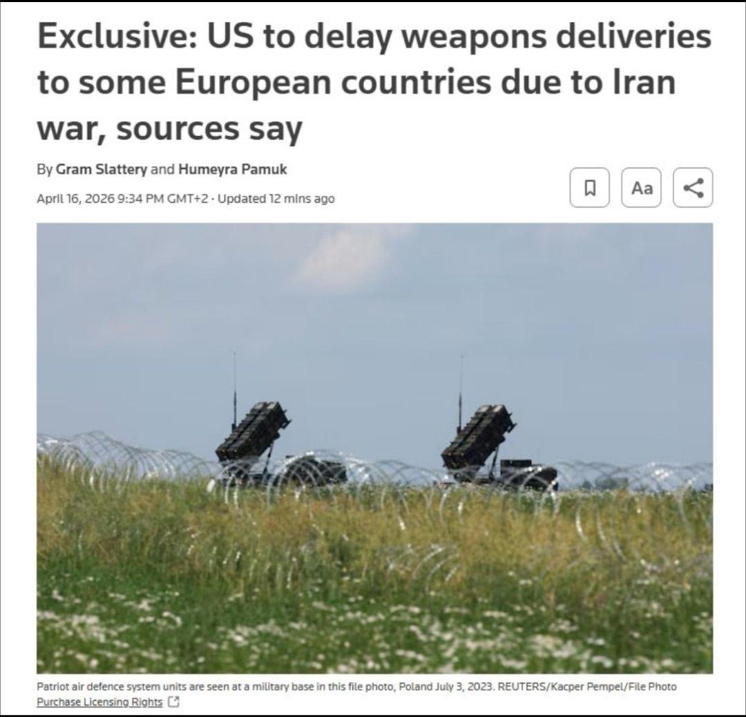 据路透社报道，美国官员已告知欧洲伙伴方，由于与伊朗的战争给美国军火库带来压力，部