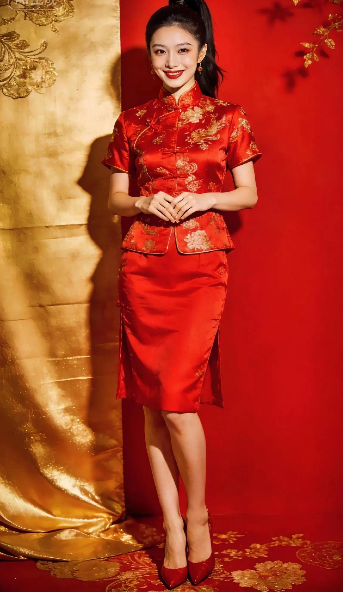 一袭正红织金旗袍，勾勒出东方女性的玲珑身段。立领盘扣藏着中式雅致，金线绣就的龙凤