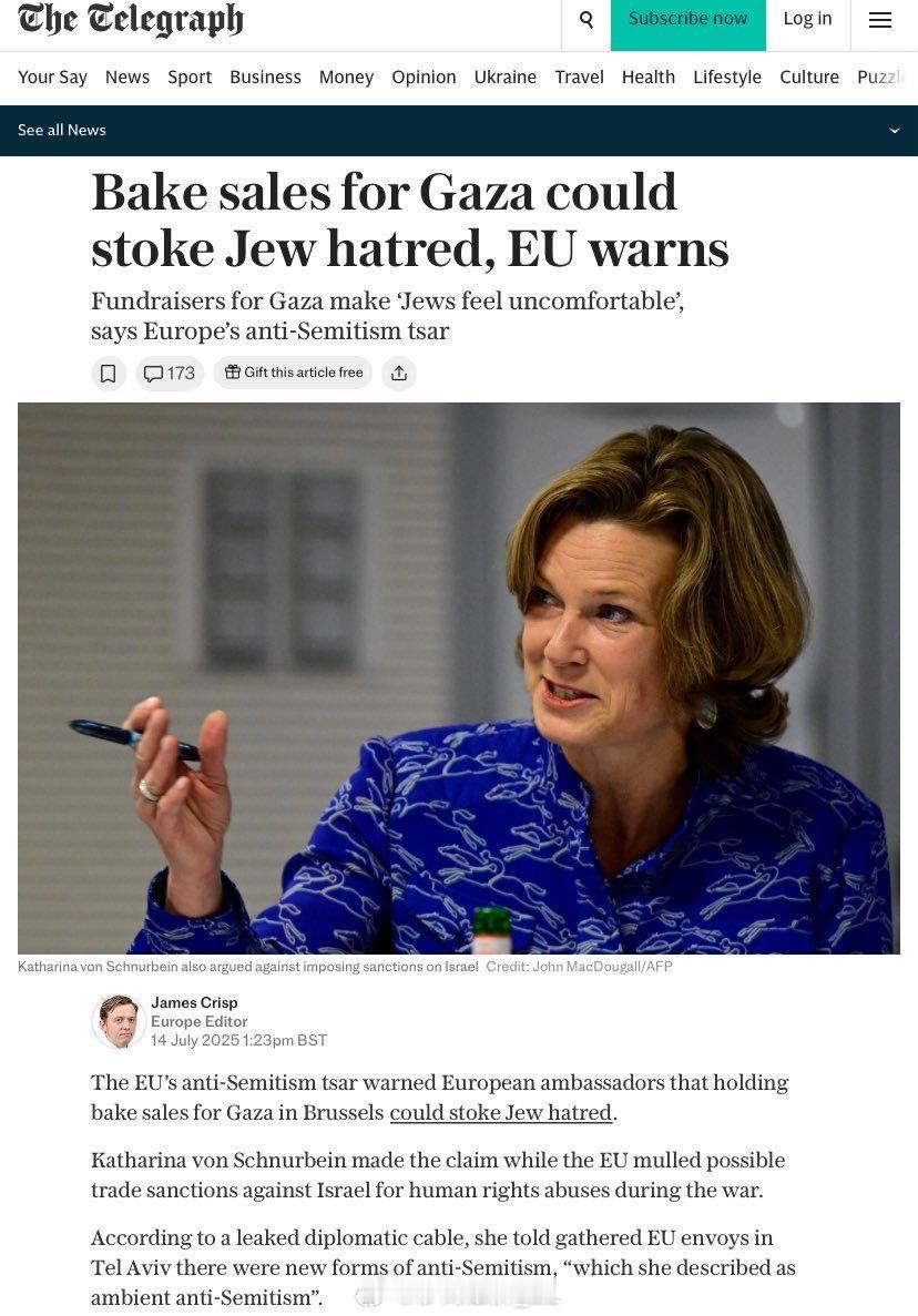欧盟反犹太主义事务专员卡塔琳娜·冯·舒尔贝恩警告称，为加沙地区筹款的烘焙义卖活动