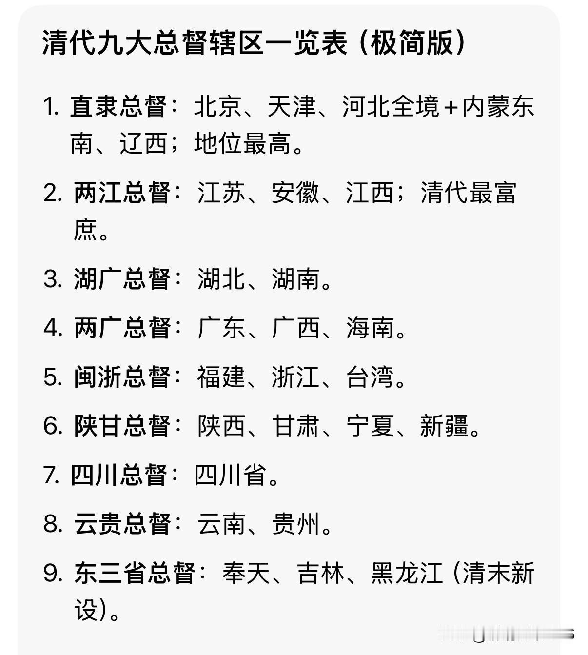 清代九大总督辖区一览表，极简版！
