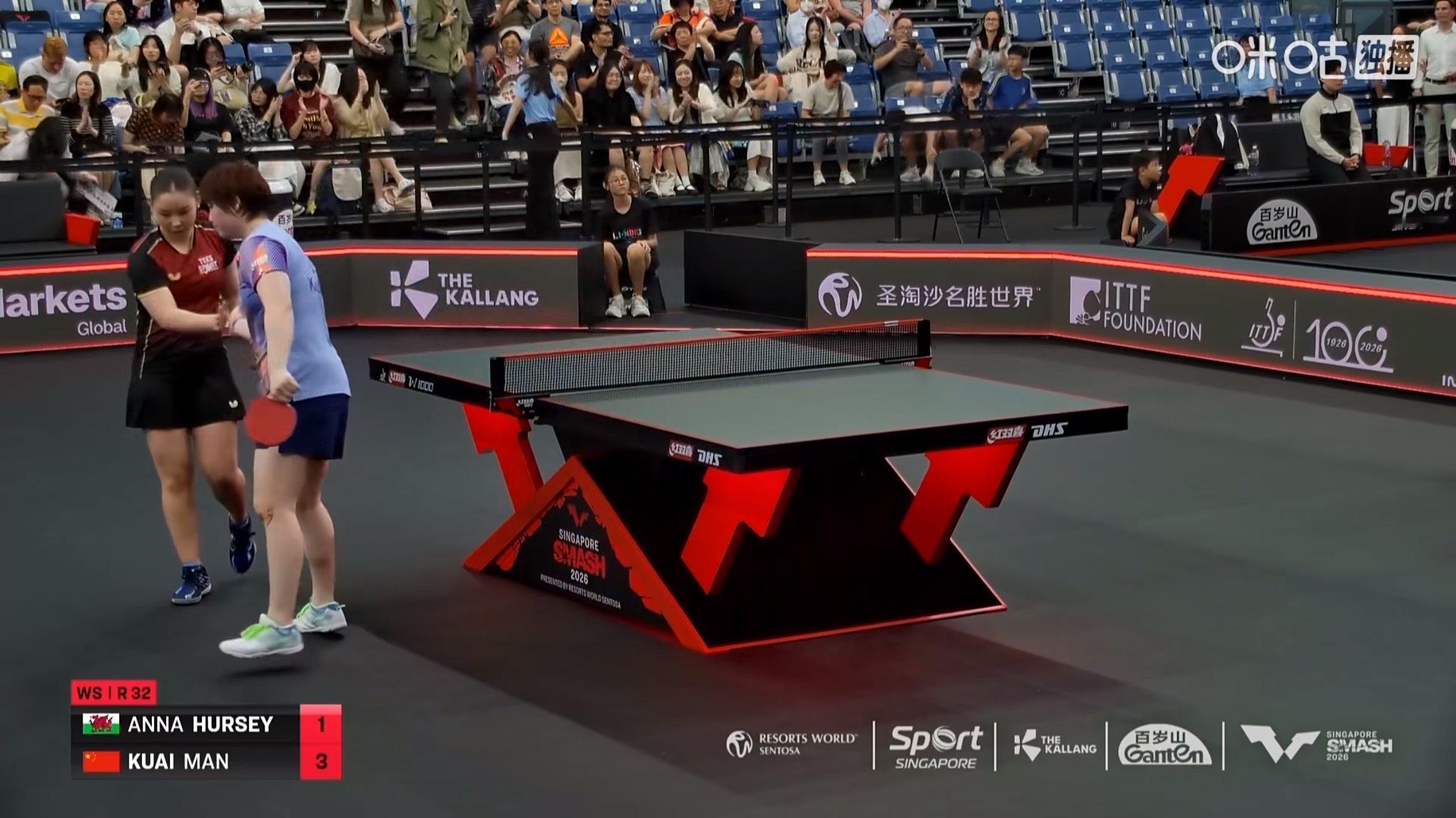 蒯曼3比1赫西(9-11，11-8，11-3，12-10)晋级WTT新加坡大满贯