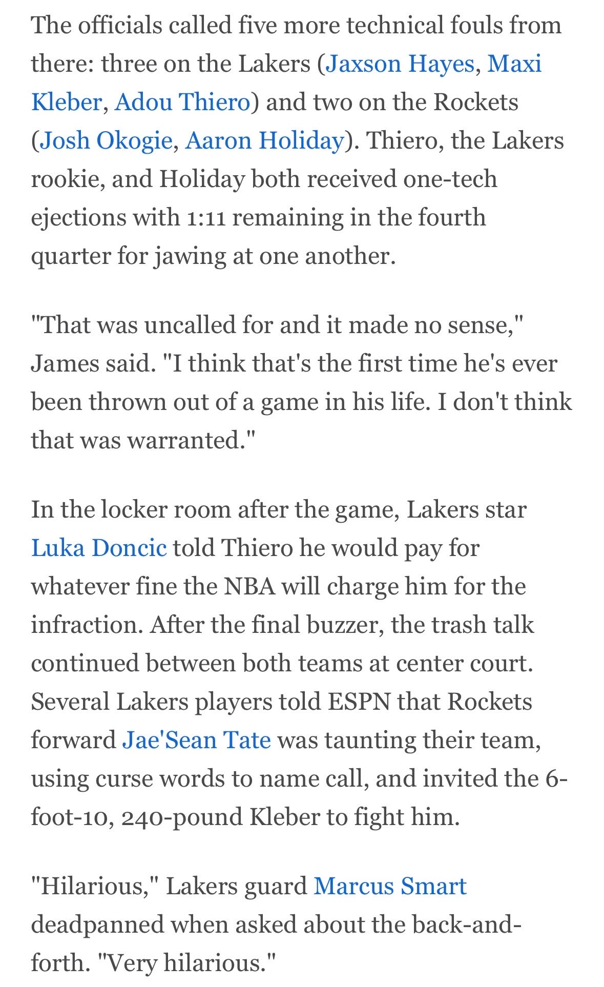 东契奇对蒂耶罗说，他会帮他支付联盟因这次违规开出的所有罚单。终场哨响后，两队球员