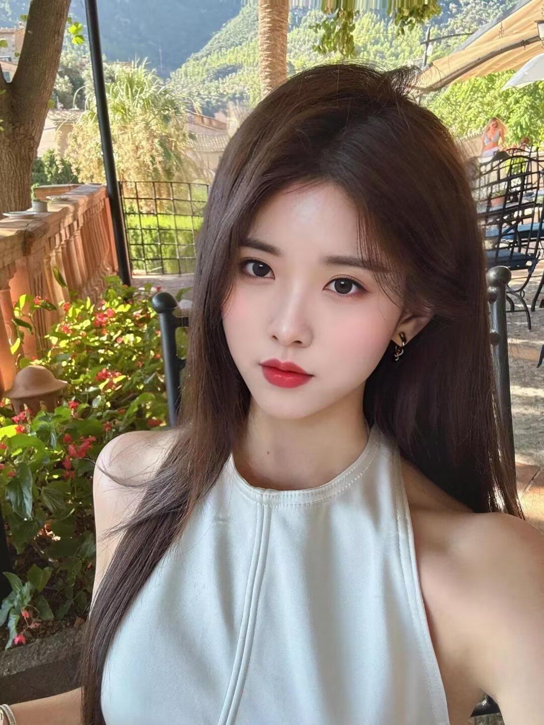 阳光明媚的午后，少女在阳台上自拍，背景是郁郁葱葱的绿植和远处的山景。