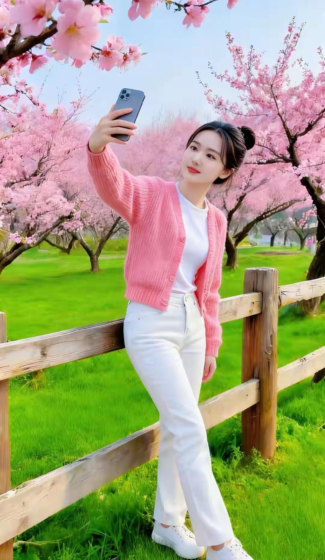 塞鸿秋·桃园自拍
桃云漫野晴光柔，
佳人立影花间留。
笑靥轻沾花上露，
春衫淡映