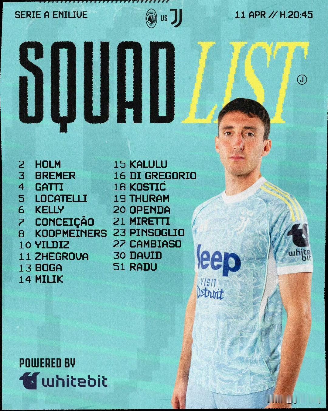 第32轮焦点战尤文客场亚特兰大21人大名单出炉。

Forza Juve