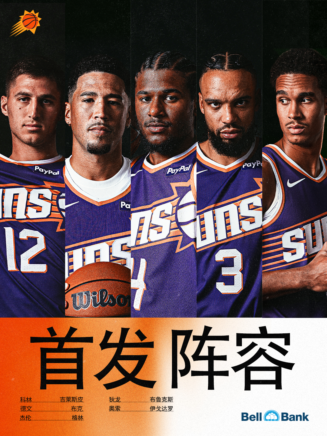 【今日首发阵容☀️】🧡科林-吉莱斯皮💜德文-布克🧡杰伦-格林💜狄龙-布鲁