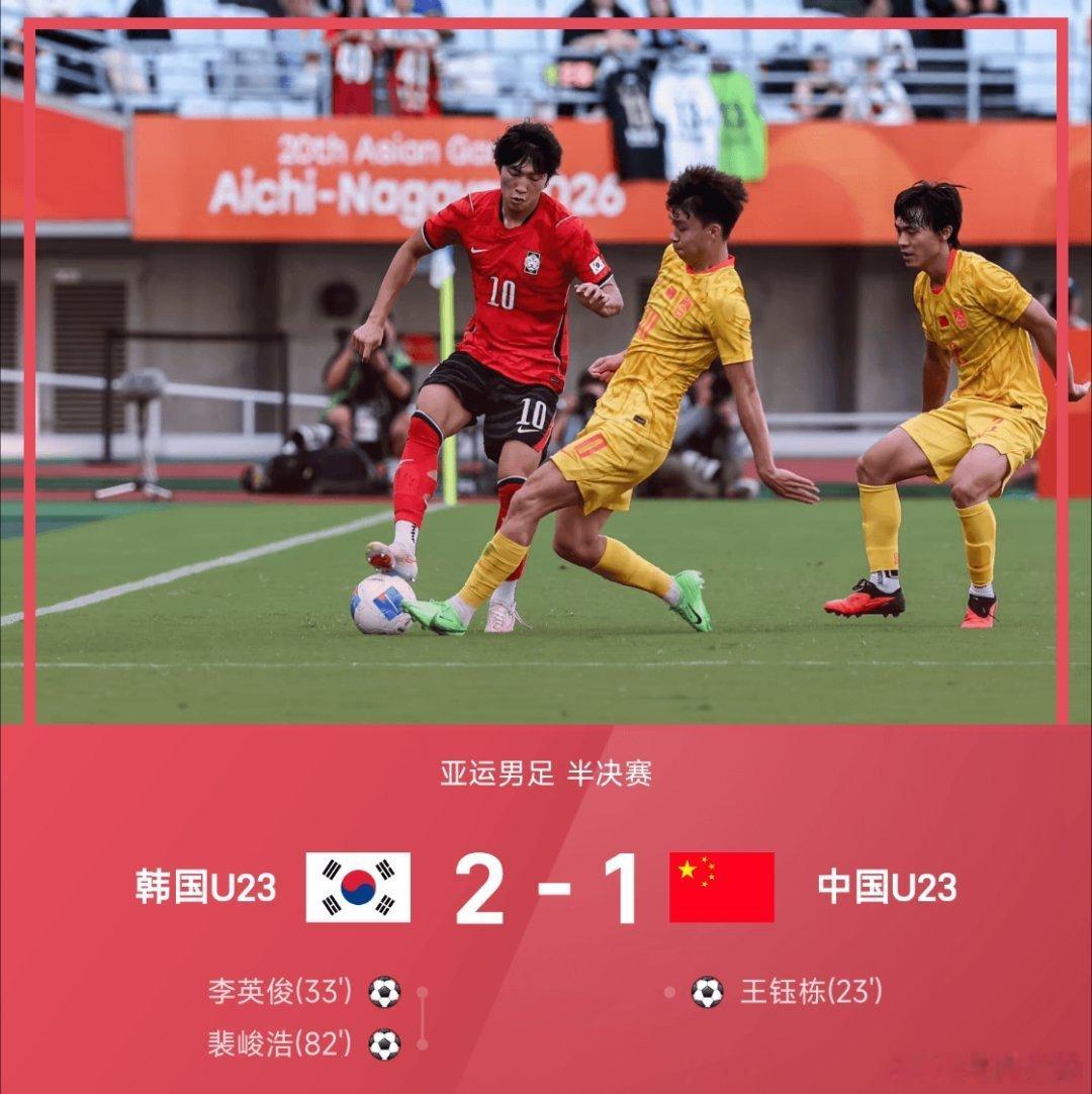亚运国足vs韩国09月30日讯 26赛季亚运男足半决赛，韩国U23 2-1击败中