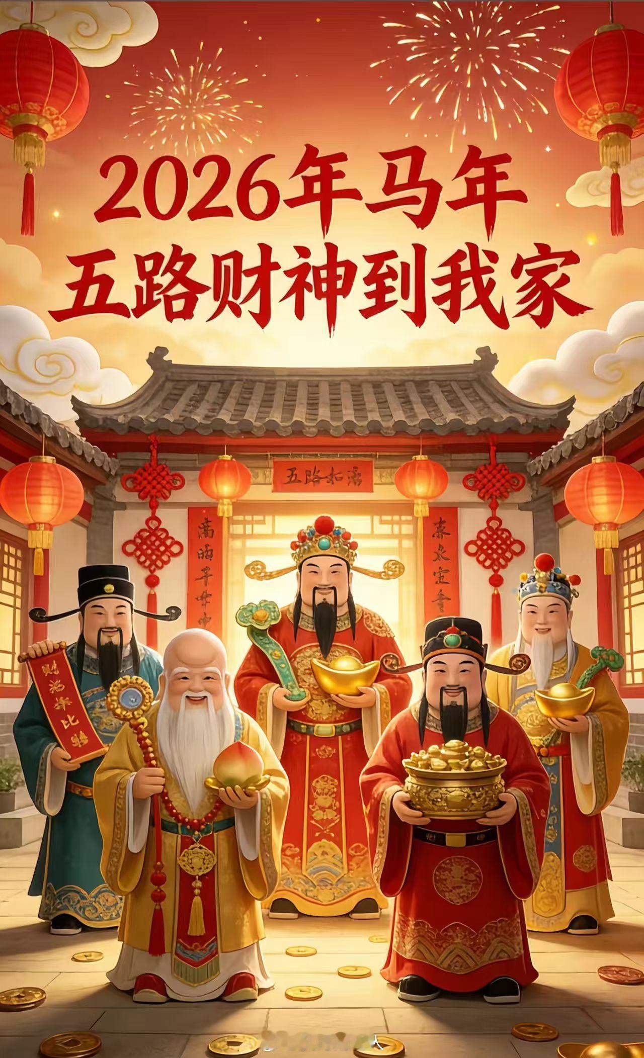 恭迎五路财神送财来我家，时来运转，招财进宝，日进斗金，八方来财，财源滚滚，好运连