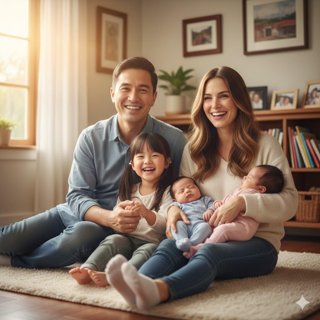 结婚八年无子，领养了一个女儿，百般疼爱。 
一年半后，双胞胎龙凤胎惊喜降临。 