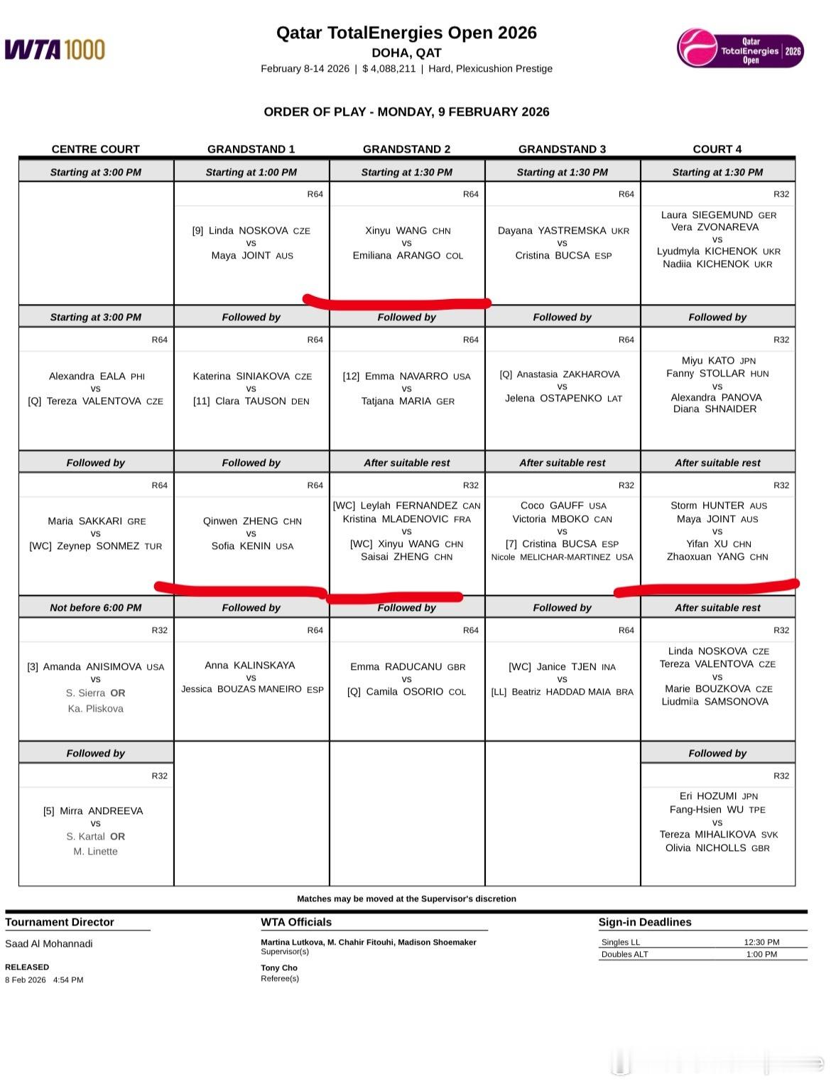 郑钦文复出首战时间确定2.9🎾多哈站赛程1号球场 第三场 （北京时间18:00