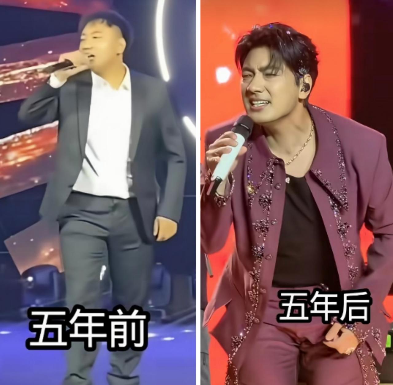 海来阿木这五年的蜕变肉眼可见，变化格外惊艳。早年身形臃肿、气质沧桑，如今靠着极强