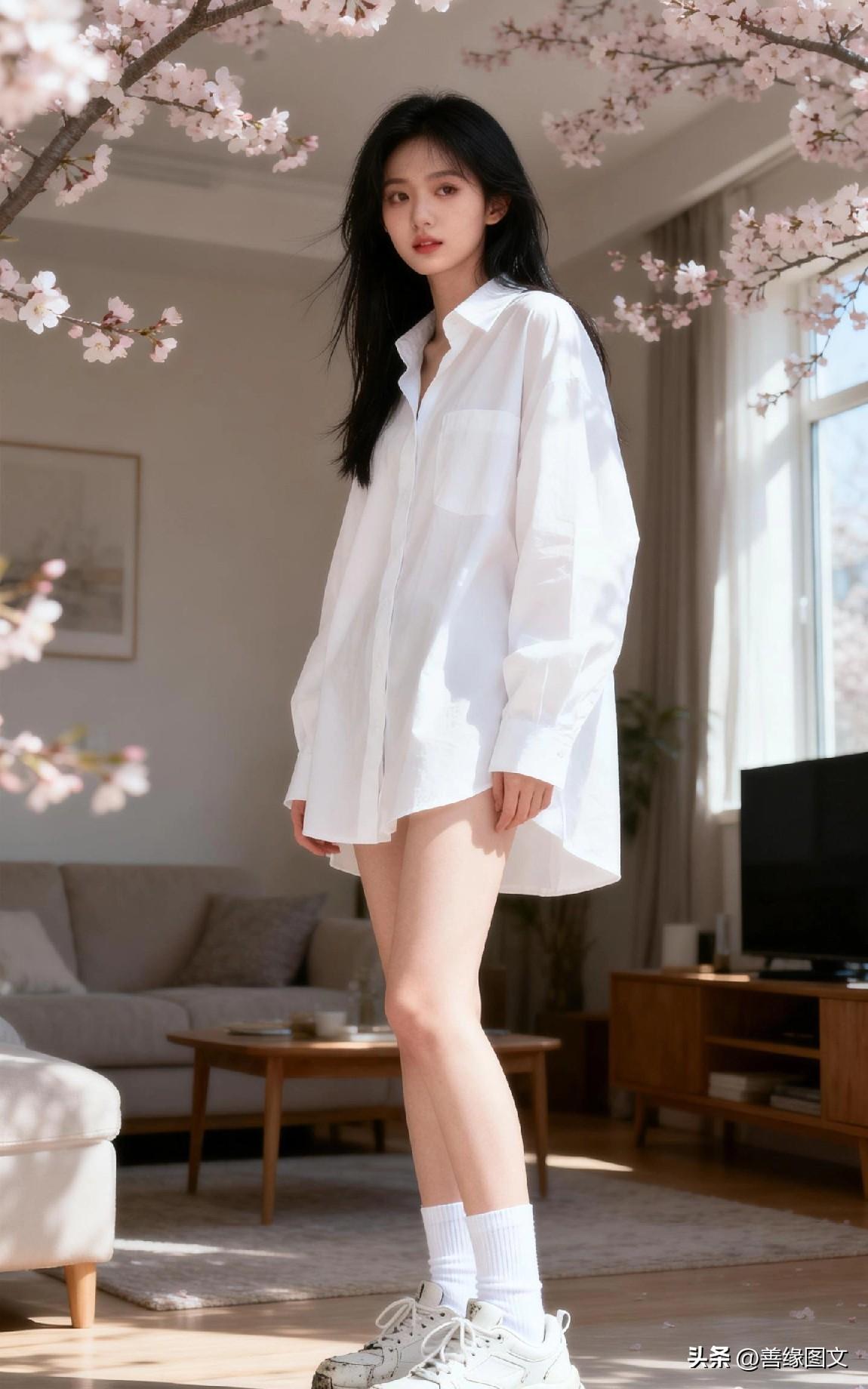 樱花树下，白衬衫少女，清新自然，春日气息满满。