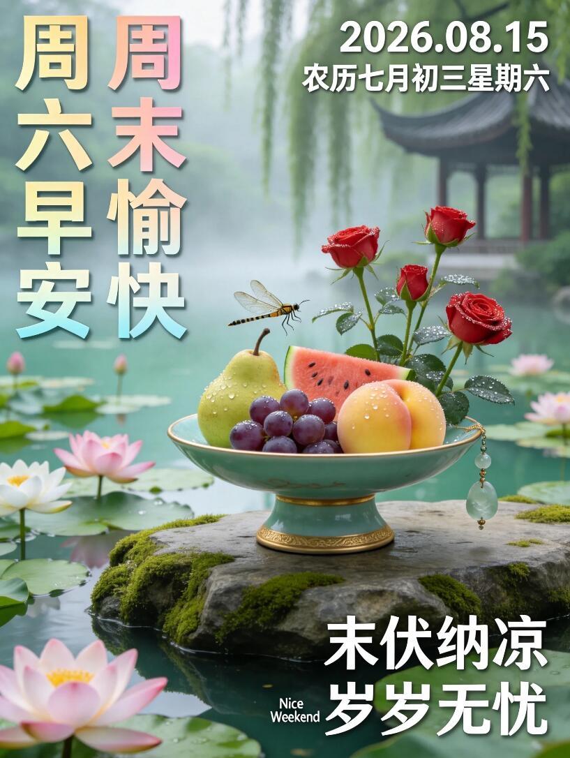 8月15日周六吉祥🌷！清晨送上一份真挚问候，周末是治愈疲惫的最好时刻。虽然末伏