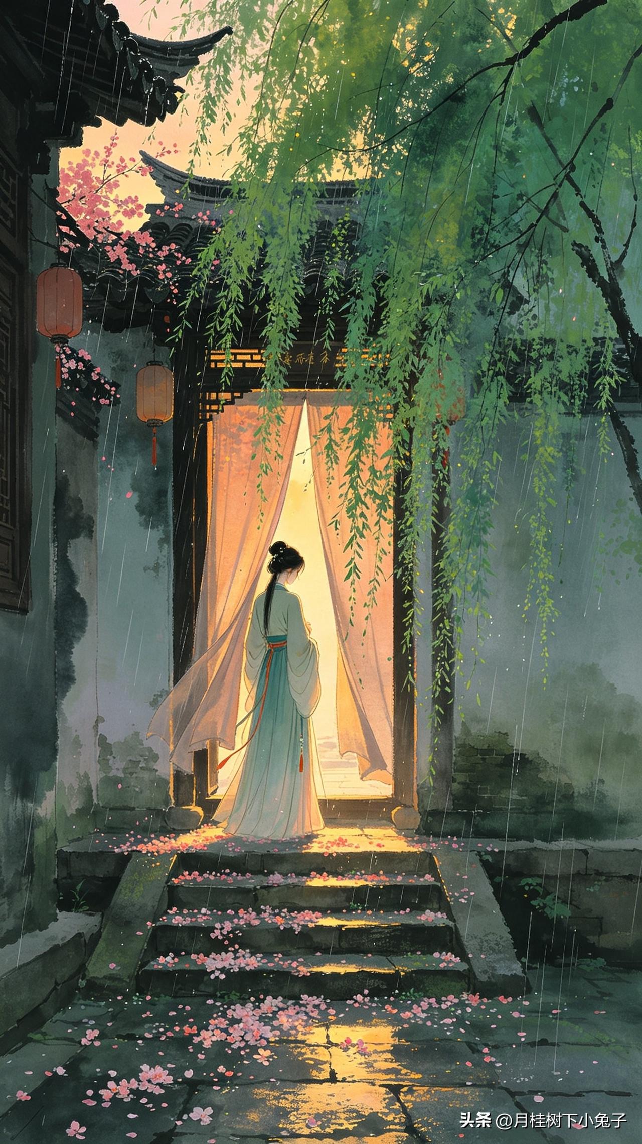 老巷垂杨绿到门，
杜鹃声里又黄昏。
一帘细雨无人见，
      
…………请师