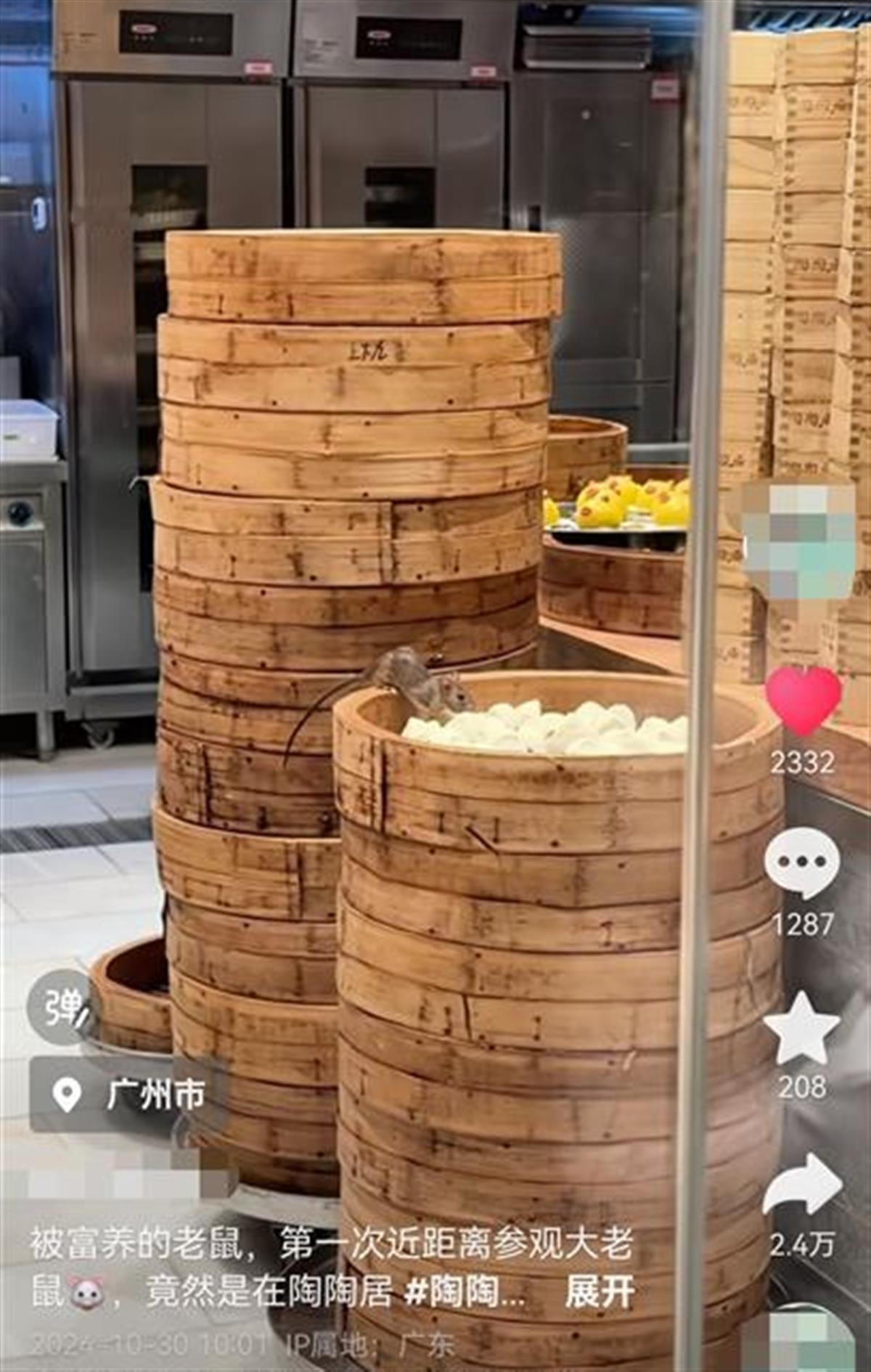 有网友拍到广州老牌茶楼陶陶居厨房有老鼠在啃食包子[吐] 官方回应：通风管道被咬破