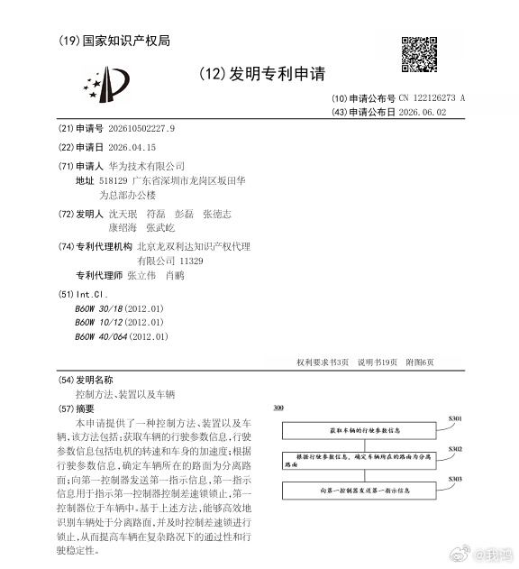 这个根据行驶参数作路面识别并自动锁止差速锁的专利，发明人是享界系列华为智选车产品