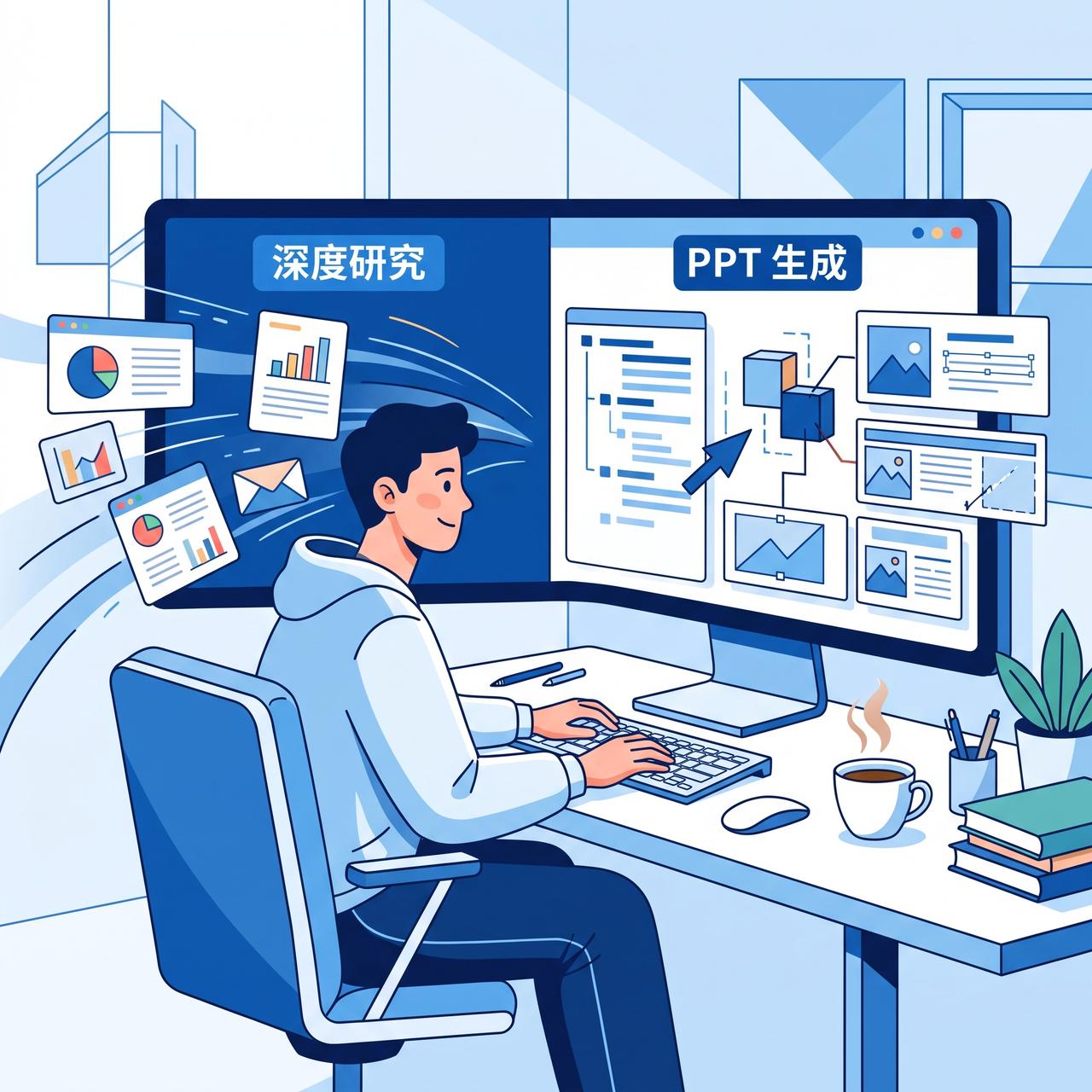 豆包Work模式里，"深度研究"替你抓资料、"PPT 生成"替你搭骨架，俩一接力