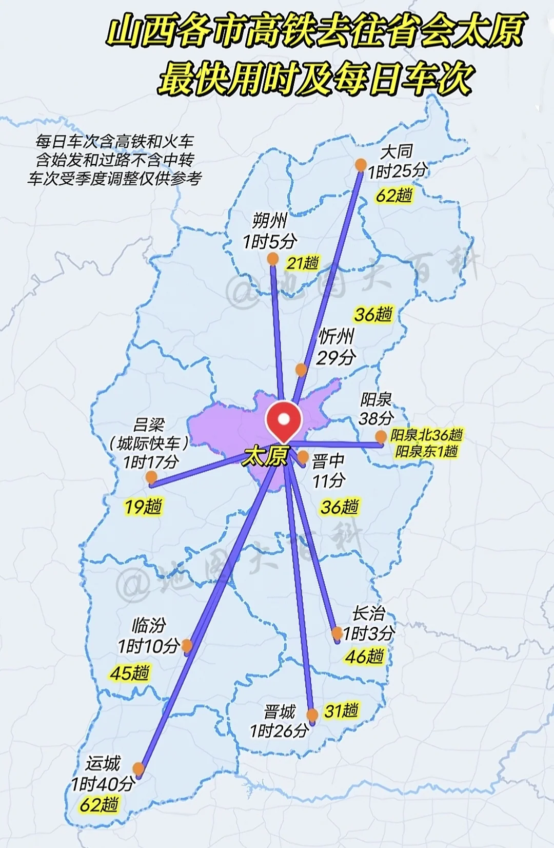 山西各市高铁去往省会太原的最快时间，目前只有吕梁暂时无高铁站，吕梁高铁...