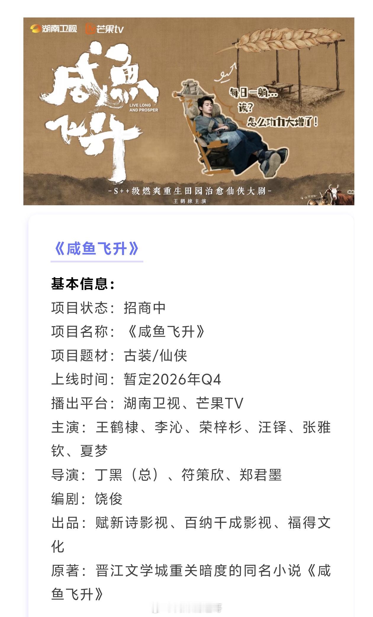 王鹤棣《咸鱼飞升》播前招商，暂定10月底播出项目题材：古装/仙侠导演：丁黑（总）