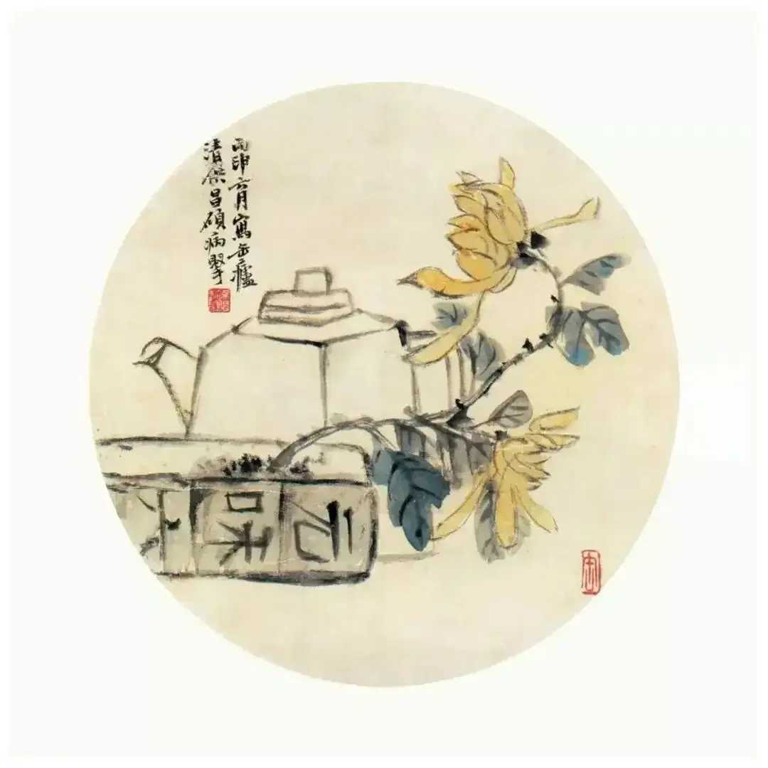吴昌硕团扇画，吴昌硕因以“草篆书”入画，状物不求写实，形成了影响近现代中国画坛的