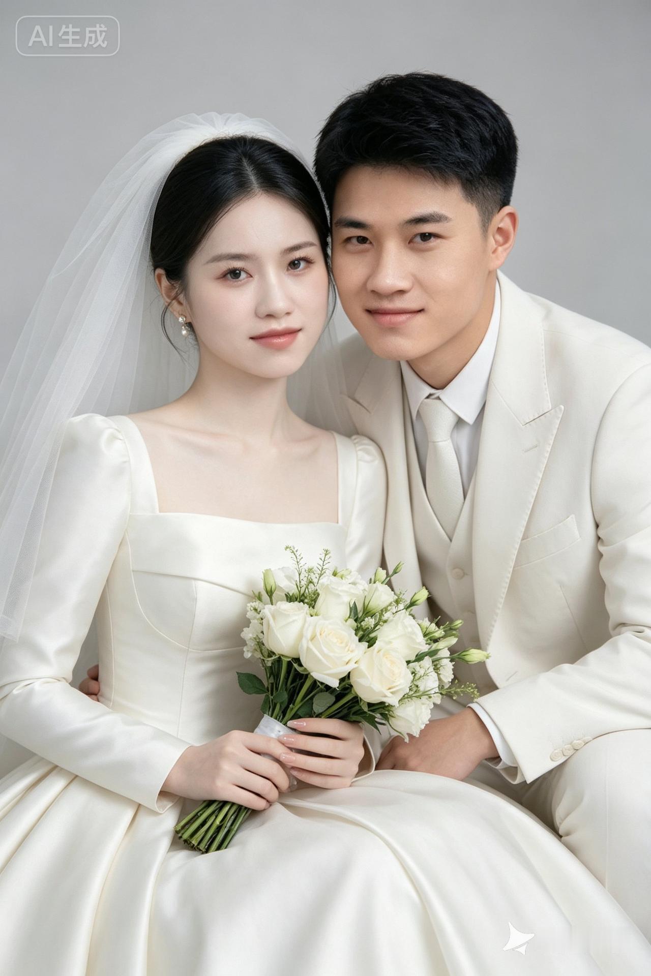 一对新人穿着婚纱礼服，手捧鲜花，笑得甜蜜。