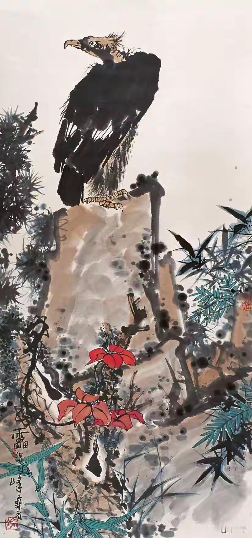 潘天寿：强化骨架，构图雄强奇崛。强化画面布局力量感，线条刚硬，把写意花鸟的构图意