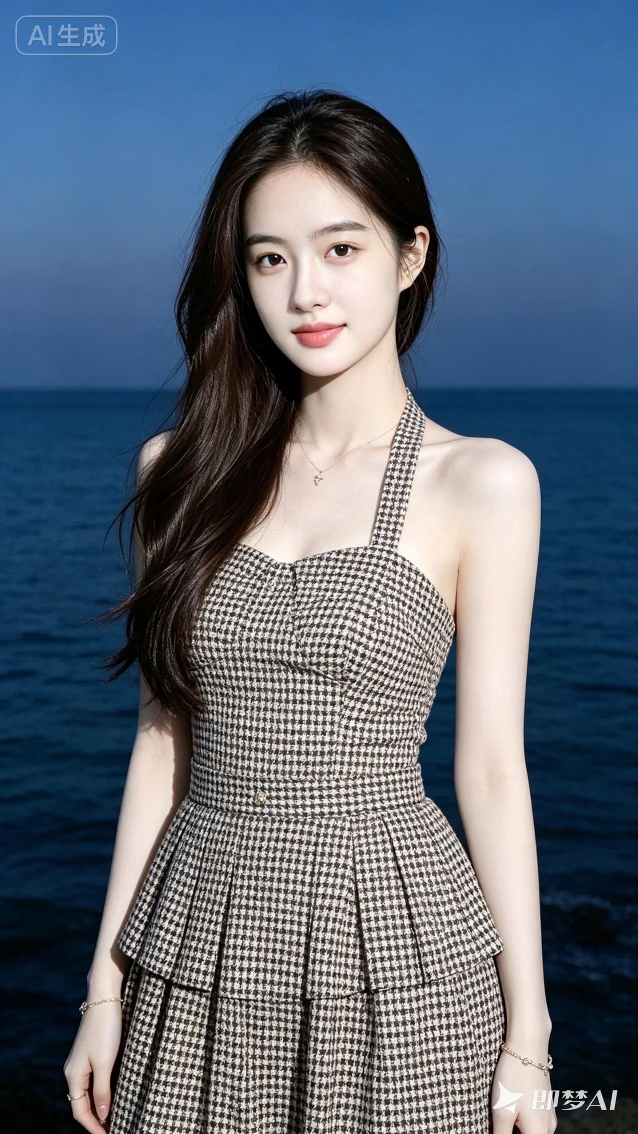 海边穿格子裙的漂亮小姐姐。