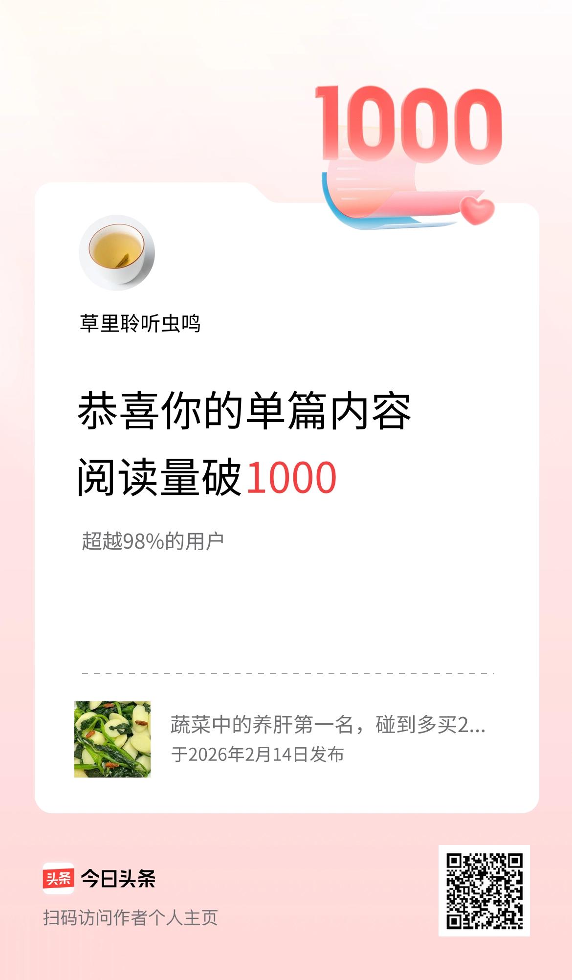 单篇内容获得阅读量破1000啦！