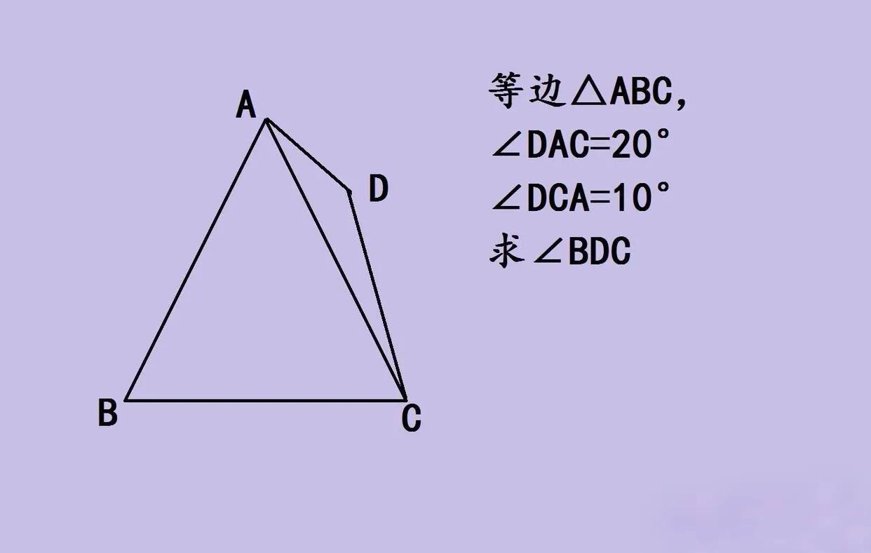 一道超难的初中几何竞赛题📐 等边△ABC ，已知∠DAC=20°、∠DCA=1