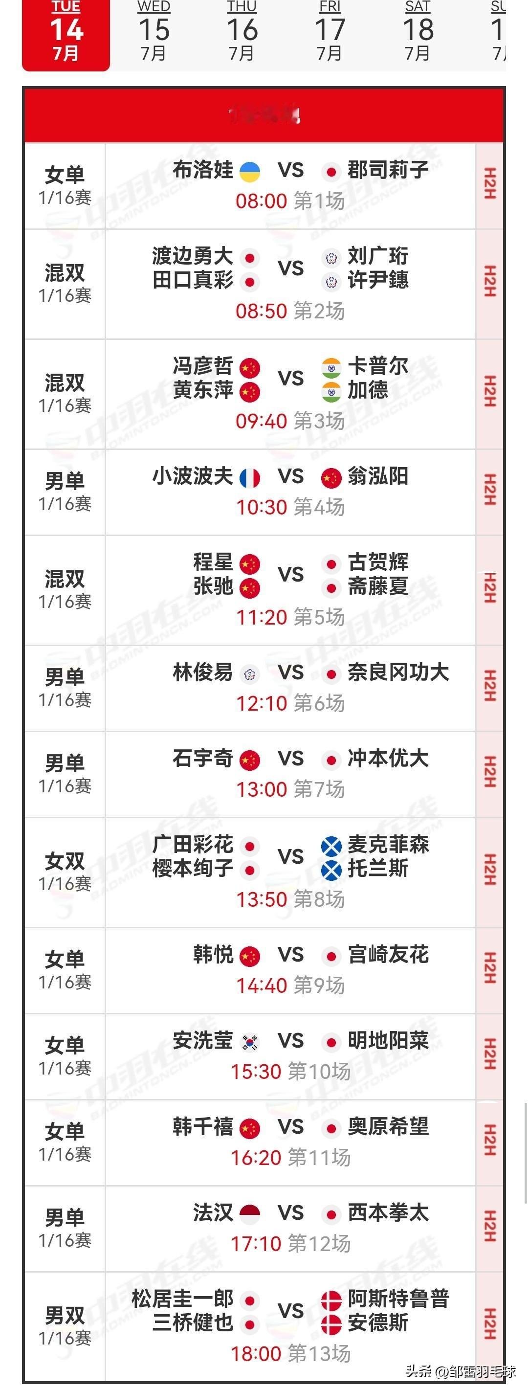 7月14日2026日本羽毛球公开赛首日赛程安排

明日，超级750级别的2026