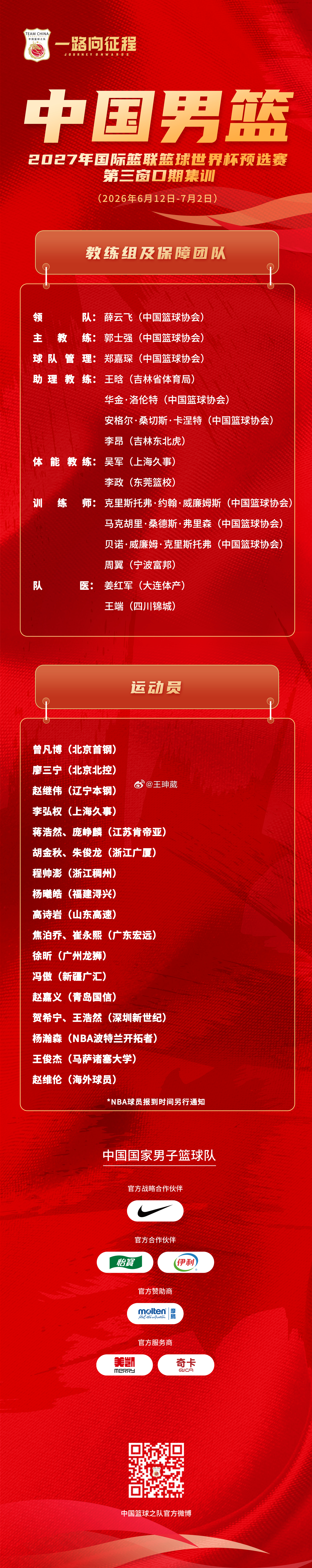 中国男篮公布集训大名单，6月12日至7月2日全队将在国家体育总局训练局组织集训。