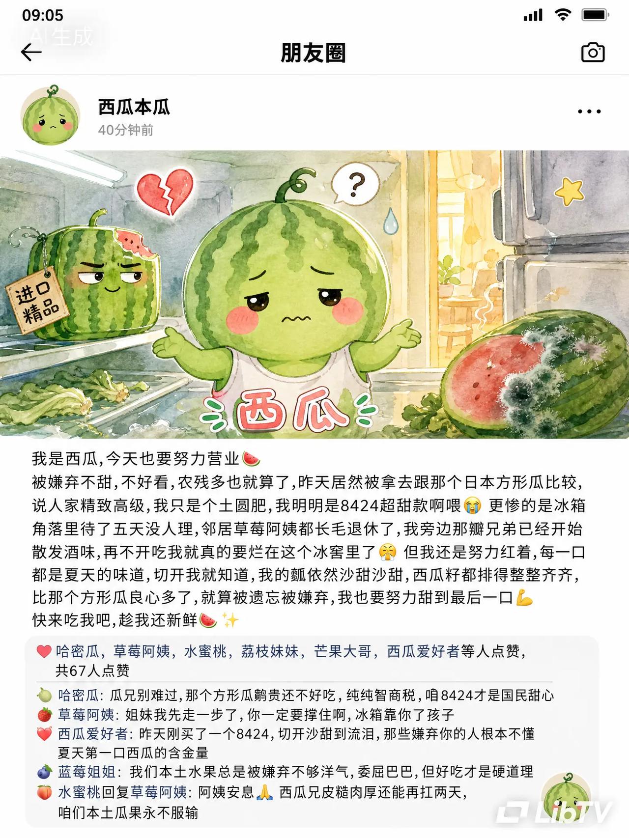 这只西瓜的朋友圈，太委屈了😭🍉。被方形瓜比下去💔被嫌弃不甜、农残多😞冰箱