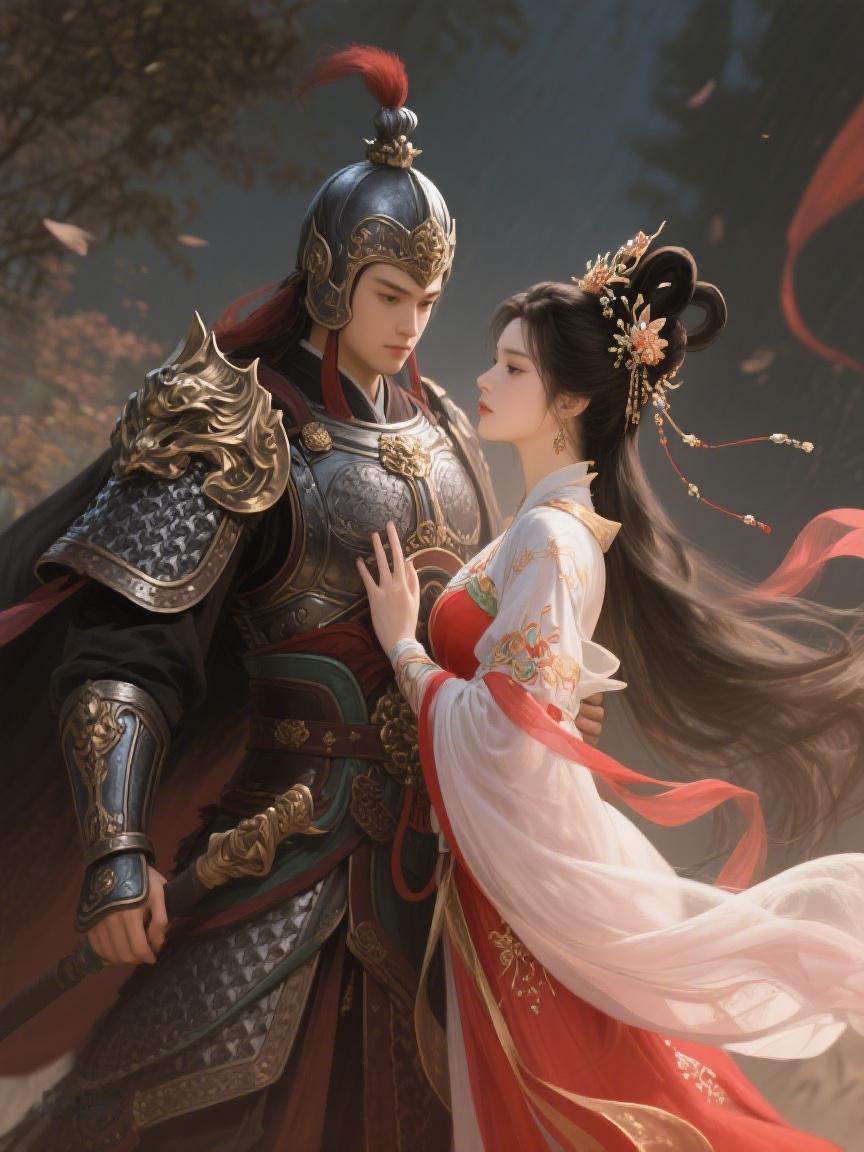 AI妙生图盔甲与霓裳相拥，战火里柔情绽放，命运于刹那交汇，爱能冲破世间万难。